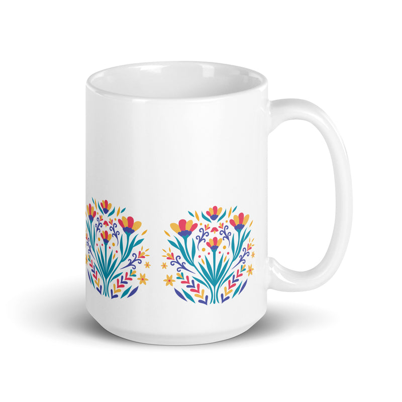 Pressed Flower Styled Ceramic 15oz White glossy mug gift for someone who loves flowers birthday Mother's Day