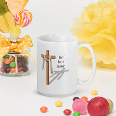 Easter Jesus He Has Risen Cross Ceramic White glossy mug