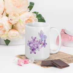 Purple Lilac Flowers Purple Butterfly White Ceramic Glossy Mug