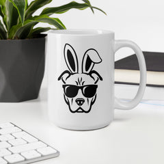 Pitbull in Sunglasses Easter Happy Easter Bunny White Ceramic Glossy Mug gift for Easter Pitbull Dog Lover