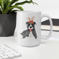 Grey Pitbull Happy Easter Bunny Ceramic White Glossy Mug gift for Gray Pittie Pitbull dog lover