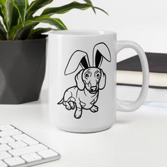 Dachshund Outline Happy Easter Bunny White Ceramic glossy mug gift for Dachshund Weiner dog lover owner