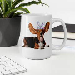 Funny Basset Hound Happy Easter Bunny White Ceramic glossy mug gift for Basset Hound Owner Lover