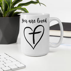 Jesus You are Loved Cross in Heart Ceramic White glossy mug gift for Christian Easter