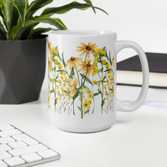 Pressed Wildflowers Yellow Meadow Flowers Ceramic White glossy mug gift for someone who loves flowers Mother's Day