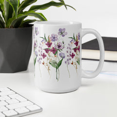 Pressed Purple Meadow Flowers White Ceramic glossy mug gift for gardener, florist or Mother's Day