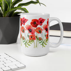 Pressed Red Poppies Flowers White ceramic glossy mug gift for Rememberance Day Veterans Day, gardener, florist Mother's Day