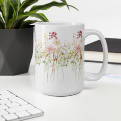 Pressed Pink Meadow Flowers Ceramic White Mug gift for gardeners, florists or Mother's Day