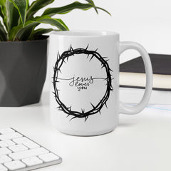 Crown of Thorns Jesus Loves You White ceramic glossy mug gift for Easter