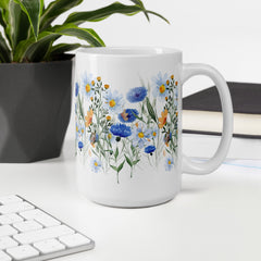 Pressed Blue Meadow Flowers White ceramic glossy mug gift for florists, gardeners or Mother's Day