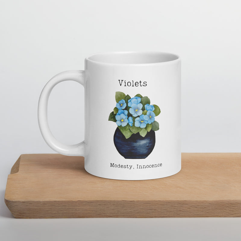 Victorian Flower Language Violets Modesty Innocence White Ceramic Mug for someone who is modest innocent