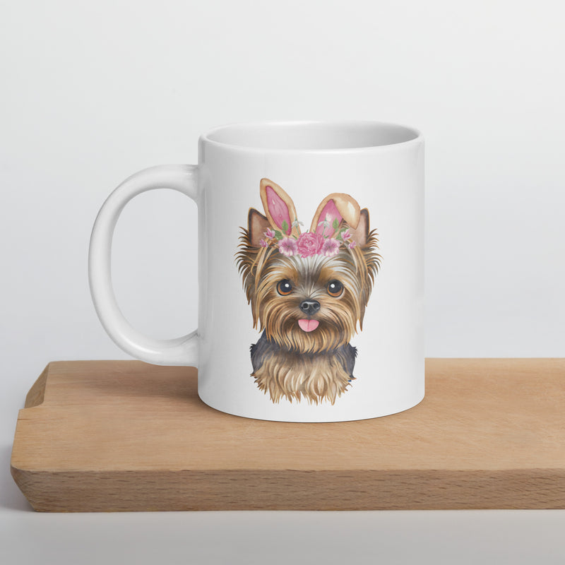 Yorkie Easter Bunny Ceramic White glossy mug gift for Yorkshire Terrier