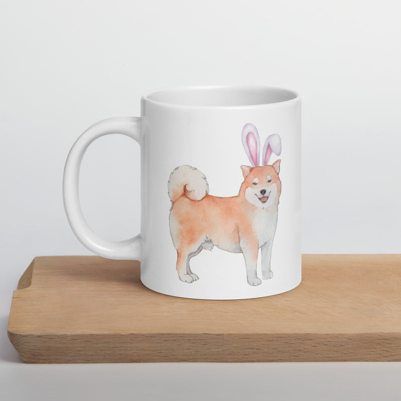 Shiba Inu Happy Easter Bunny White Ceramic glossy mug gift for Easter Shiba Inu Dog Lover