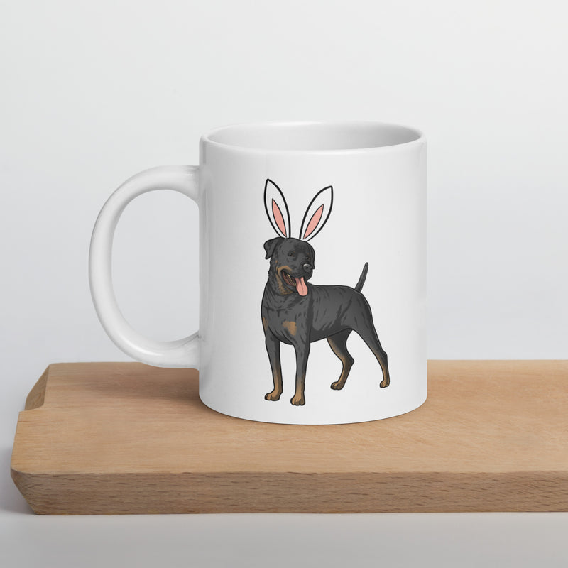 Rottweiler Happy Easter Bunny White Ceramic glossy mug gift for Easter Rottie Dog Lover