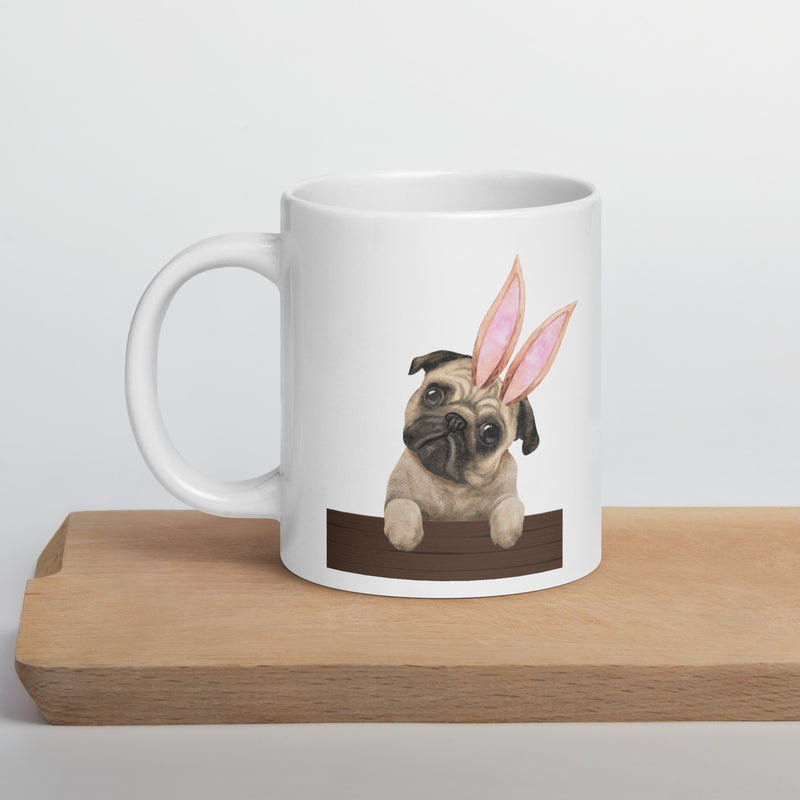 Pug Happy Easter Bunny White Ceramic glossy mug gift for Easter Pug Dog Lover