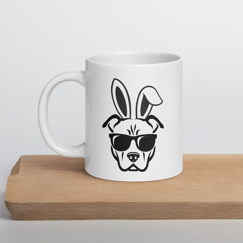 Pitbull in Sunglasses Easter Happy Easter Bunny White Ceramic Glossy Mug gift for Easter Pitbull Dog Lover