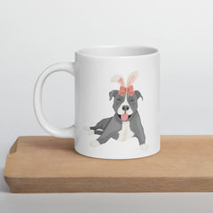 Grey Pitbull Happy Easter Bunny Ceramic White Glossy Mug gift for Gray Pittie Pitbull dog lover