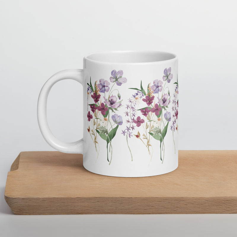 Pressed Purple Meadow Flowers White Ceramic glossy mug gift for gardener, florist or Mother's Day