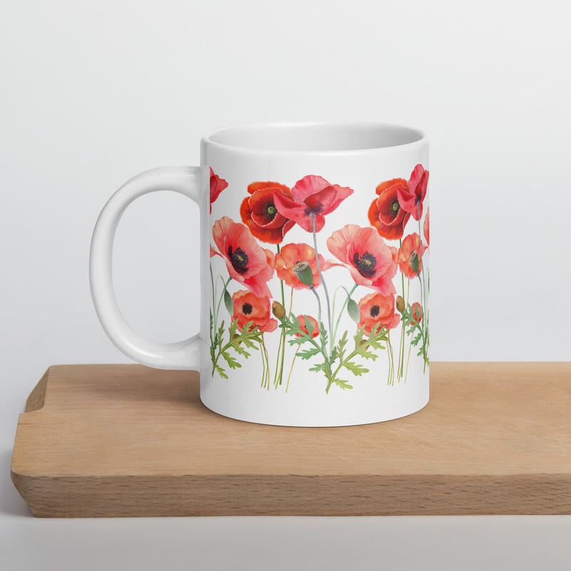 Pressed Red Poppies Flowers White ceramic glossy mug gift for Rememberance Day Veterans Day, gardener, florist Mother's Day