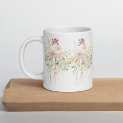 Pressed Pink Meadow Flowers Ceramic White Mug gift for gardeners, florists or Mother's Day