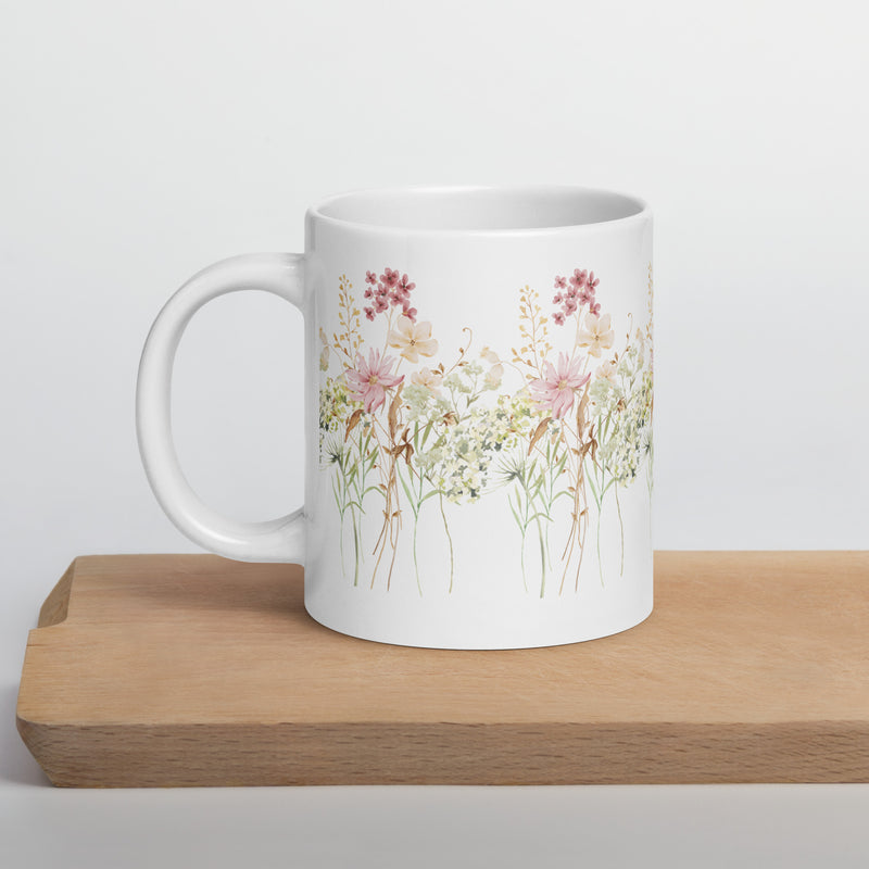 Pressed Pink Meadow Flowers Ceramic White Mug gift for gardeners, florists or Mother's Day