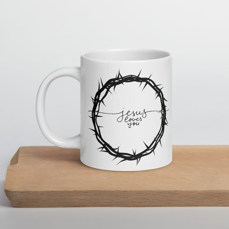 Crown of Thorns Jesus Loves You White ceramic glossy mug gift for Easter