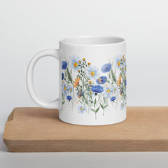 Pressed Blue Meadow Flowers White ceramic glossy mug gift for florists, gardeners or Mother's Day