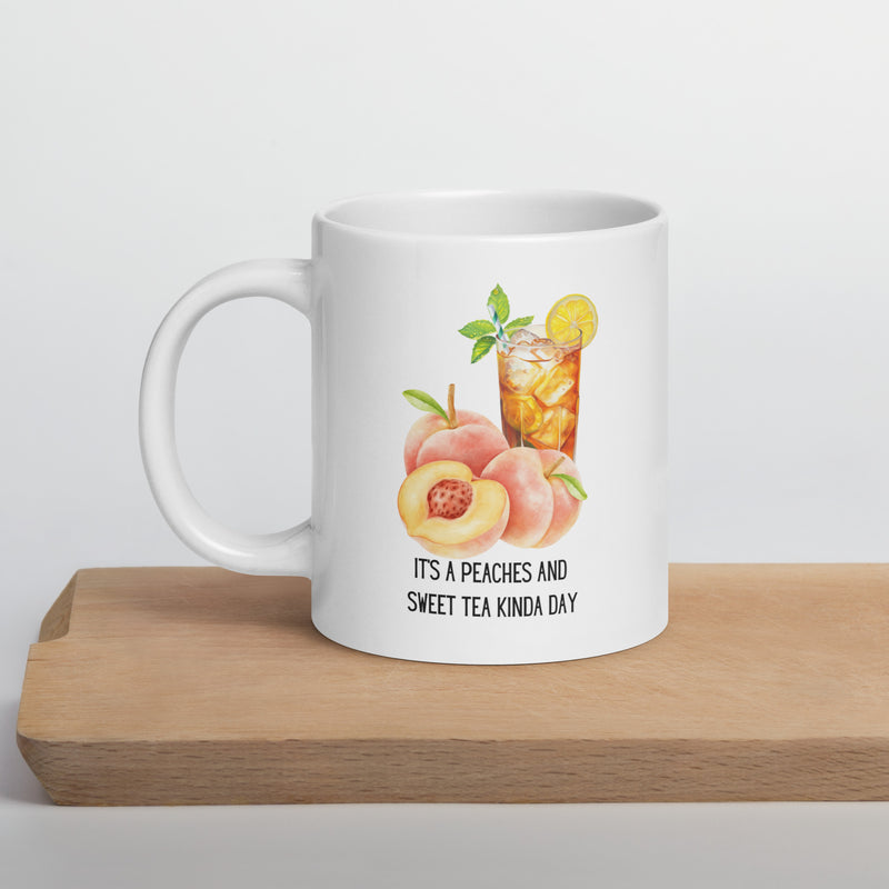 Peaches and Sweet Tea Ceramic White glossy mug with handle