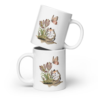 Vintage style Spring Crocus with Cheeky Mouse Ceramic White glossy mug with handle