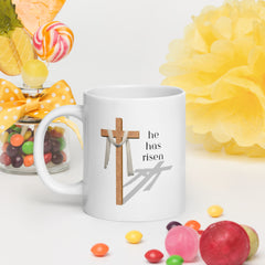 Easter Jesus He Has Risen Cross Ceramic White glossy mug