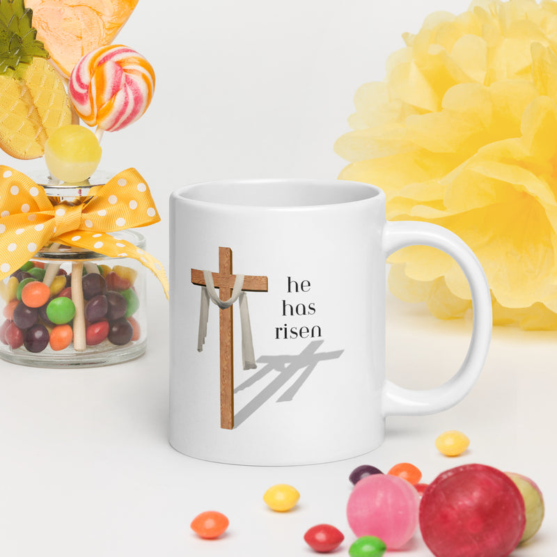 Easter Jesus He Has Risen Cross Ceramic White glossy mug