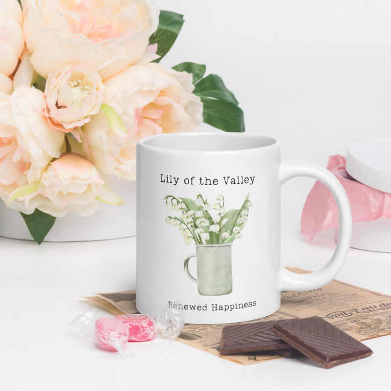 Victorian Flower Language Lily of the Valley Renewed Happiness White Ceramic glossy mug