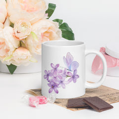 Purple Lilac Flowers Purple Butterfly White Ceramic Glossy Mug