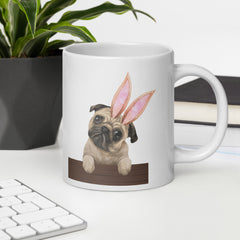 Pug Happy Easter Bunny White Ceramic glossy mug gift for Easter Pug Dog Lover