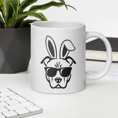 Pitbull in Sunglasses Easter Happy Easter Bunny White Ceramic Glossy Mug gift for Easter Pitbull Dog Lover