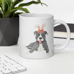 Grey Pitbull Happy Easter Bunny Ceramic White Glossy Mug gift for Gray Pittie Pitbull dog lover