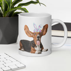 Funny Basset Hound Happy Easter Bunny White Ceramic glossy mug gift for Basset Hound Owner Lover