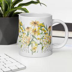 Pressed Wildflowers Yellow Meadow Flowers Ceramic White glossy mug gift for someone who loves flowers Mother's Day