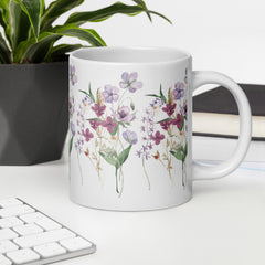 Pressed Purple Meadow Flowers White Ceramic glossy mug gift for gardener, florist or Mother's Day