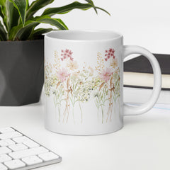 Pressed Pink Meadow Flowers Ceramic White Mug gift for gardeners, florists or Mother's Day