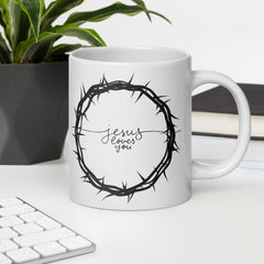 Crown of Thorns Jesus Loves You White ceramic glossy mug gift for Easter