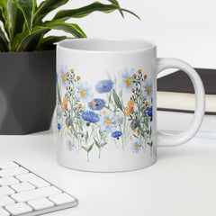 Pressed Blue Meadow Flowers White ceramic glossy mug gift for florists, gardeners or Mother's Day