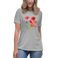 Pressed Red Poppies Flowers Women's Relaxed T-Shirt gift for Rememberance Day Veterans Day, gardener, florist Mother's Day