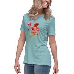 Pressed Red Poppies Flowers Women's Relaxed T-Shirt gift for Rememberance Day Veterans Day, gardener, florist Mother's Day