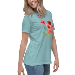 Pressed Red Poppies Flowers Women's Relaxed T-Shirt gift for Rememberance Day Veterans Day, gardener, florist Mother's Day