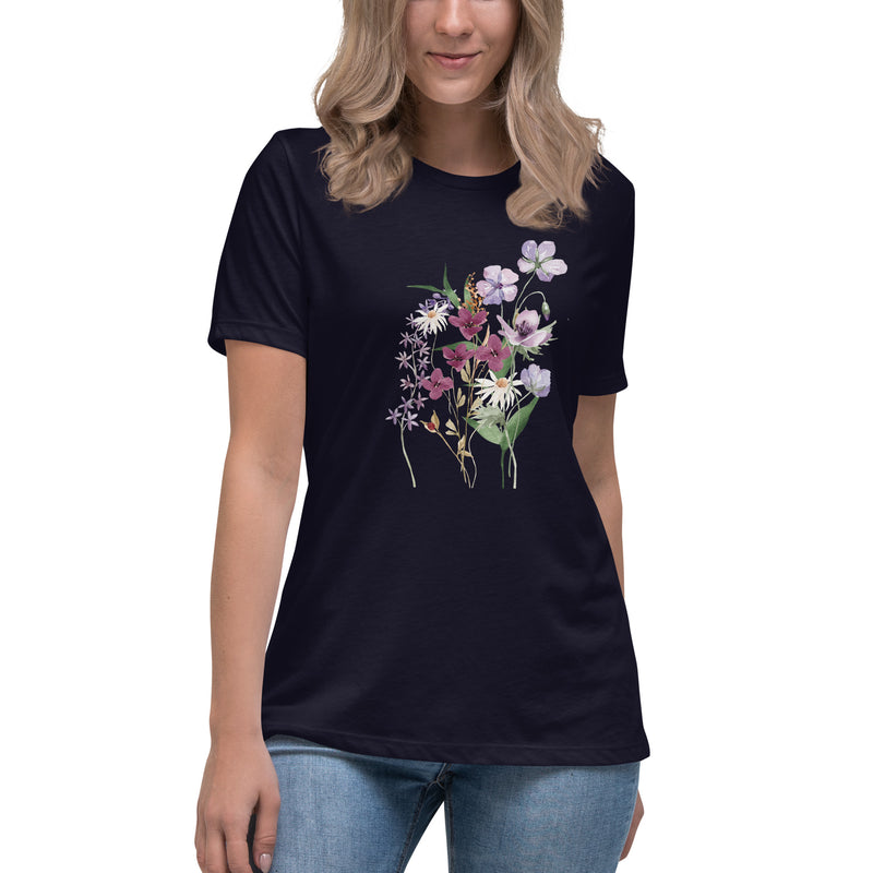 Pressed Purple Meadow Flowers Women's Relaxed T-Shirt gift for gardener, florist or Mother's Day