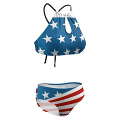 Patriotic American Flag Women's Two piece Swimsuit with High Neck Halter Top