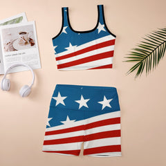 Patriotic American Flag Patterned Ribbed Yoga Set with High-waisted Biker Shorts and Crop Tank Top