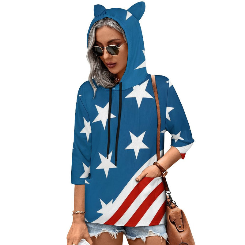 Patriotic American Flag Cat Ears Hooded Pullover Women's Hoodie