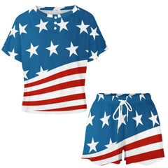 Patriotic American Flag Short Sleeve Loungewear Set with Shorts and Shirt Sleepwear Pajamas